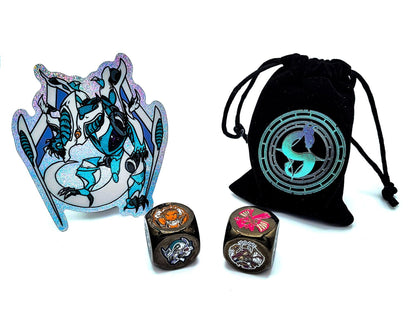 Rising Dawn Metal Dice Set with Bag and Chibi Stardust Holographic Vinyl Sticker - Starlight Grotto